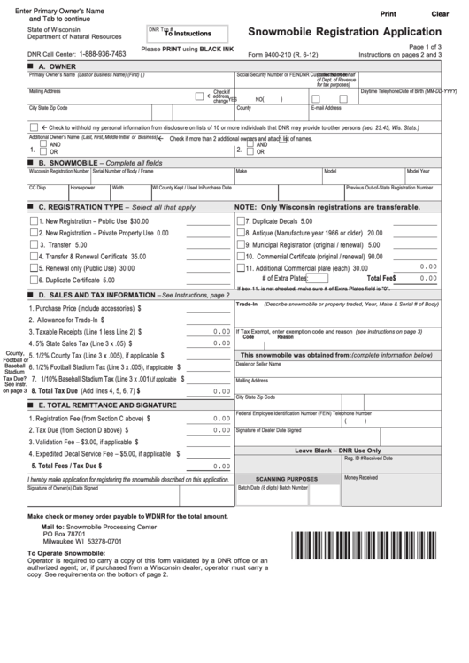 Fillable Form 9400-210 - Snowmobile Registration Application Printable pdf