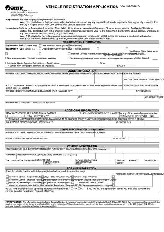 Fillable Form Vsa 14 - Vehicle Registration Application Printable pdf