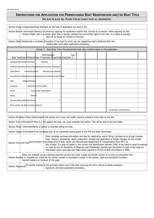 Form Rev-336 Ep - Application For Pennsylvania Boat Registration And/or Boat Title Printable pdf