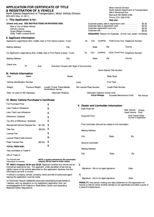 Fillable Application For Certificate Of Title & Registration Of A Vehicle - North Dakota Printable pdf