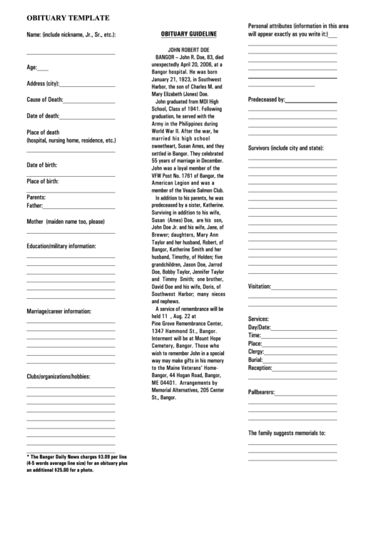 Fillable Obituary Template Printable pdf