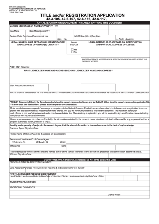 Fillable Form Dr 2395 - Title And/or Registration Application Printable pdf
