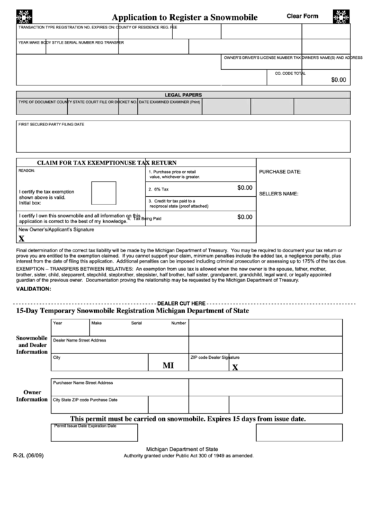 Fillable Form R-2l - Application To Register A Snowmobile Printable pdf