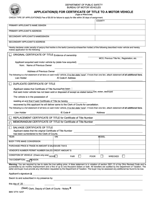 Certificate Of Title Application Form To A Motor Vehicle Printable pdf