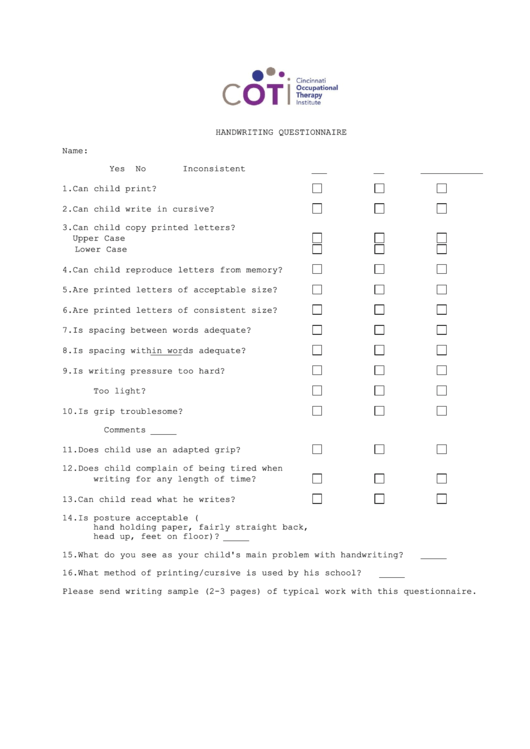 Handwriting Questionnaire Printable pdf