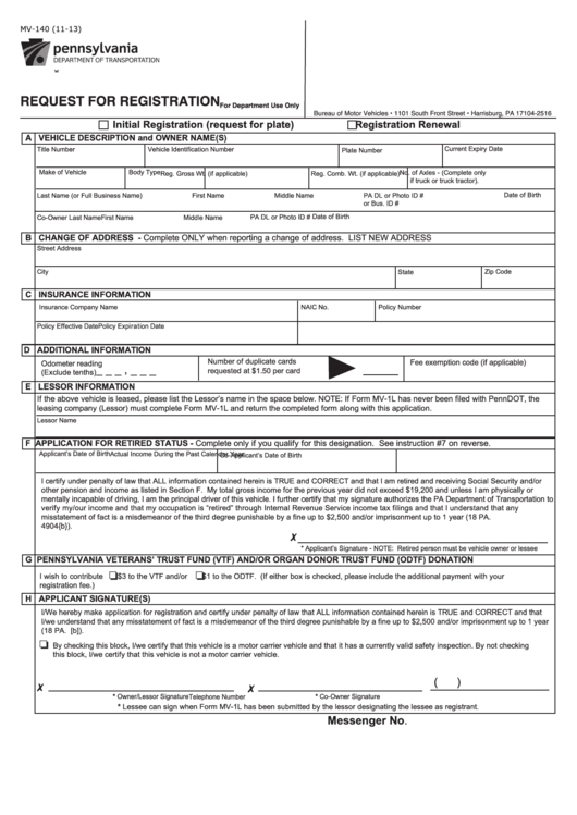 Fillable Form Mv-140 - Request For Registration Printable pdf