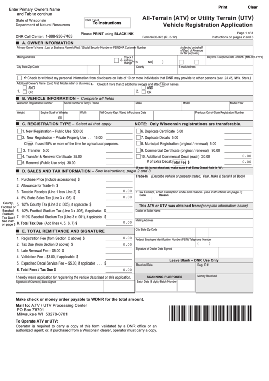 Fillable Form 9400-37 - All-Terrain (Atv) Or Utility Terrain (Utv) Vehicle Registration Application Printable pdf