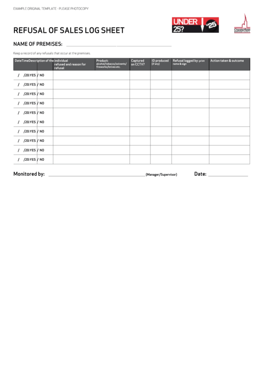 Refusal Of Sales Log Sheet Printable pdf