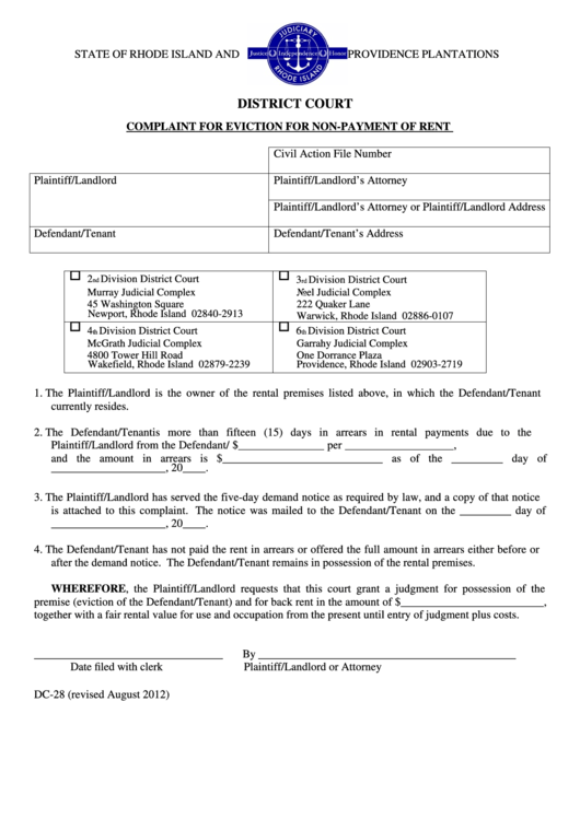Fillable Complaint For Eviction For Non-Payment Of Rent Printable pdf
