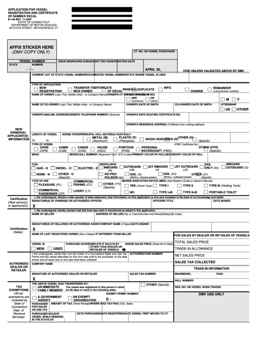 Fillable Application For Vessel Registration And Certificate Of Number Decal Printable pdf