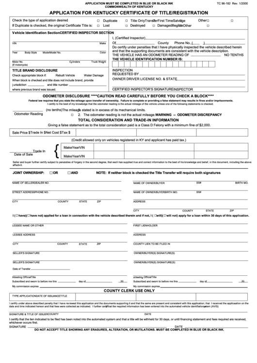 Form Tc 96-182 - Application For Kentucky Certificate Of Title/registration Printable pdf