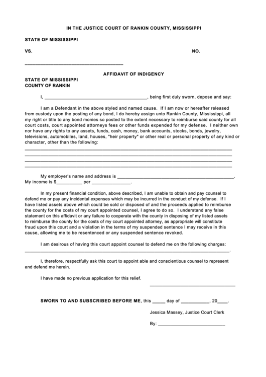 Affidavit Of Indigency Printable pdf