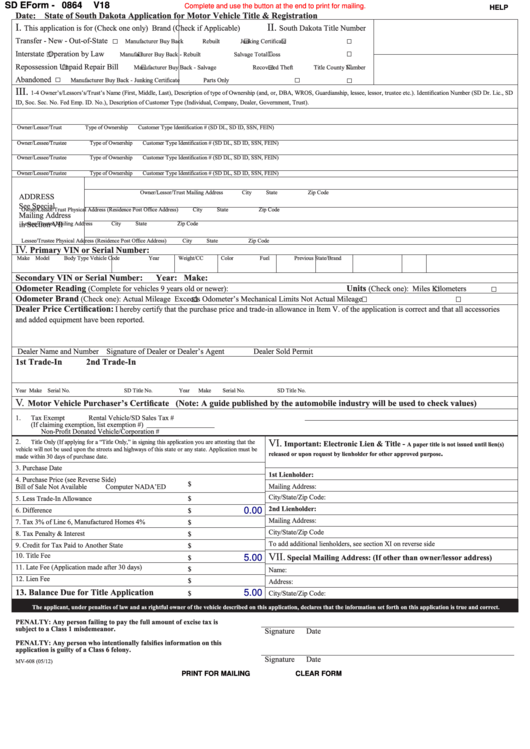 Fillable Sd Eform 0864 V18 - State Of South Dakota Application For Motor Vehicle Title & Registration - 2012 Printable pdf