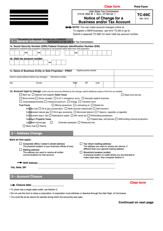 Fillable Form Tc-69c - Notice Of Change For A Business And/or Tax Account - 2015 Printable pdf