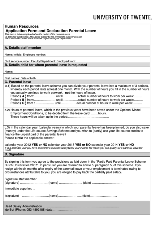 Application Form And Declaration Parental Leave Printable pdf