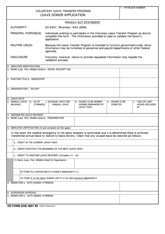 Fillable Dd Form 2538 - Voluntary Leave Transfer Program Leave Donor Application Printable pdf