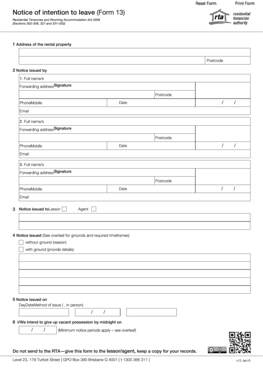 Form 13 - 2015 Notice Of Intention To Leave Printable pdf