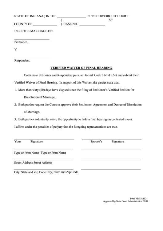 Fillable Verified Waiver Of Final Hearing Printable pdf