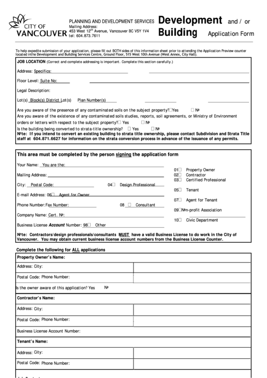 Fillable City Of Vancouver Development And Building Application Form Printable pdf