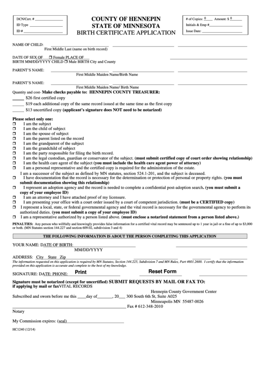 Fillable Form Hc1240 - Birth Certificate Application Printable pdf