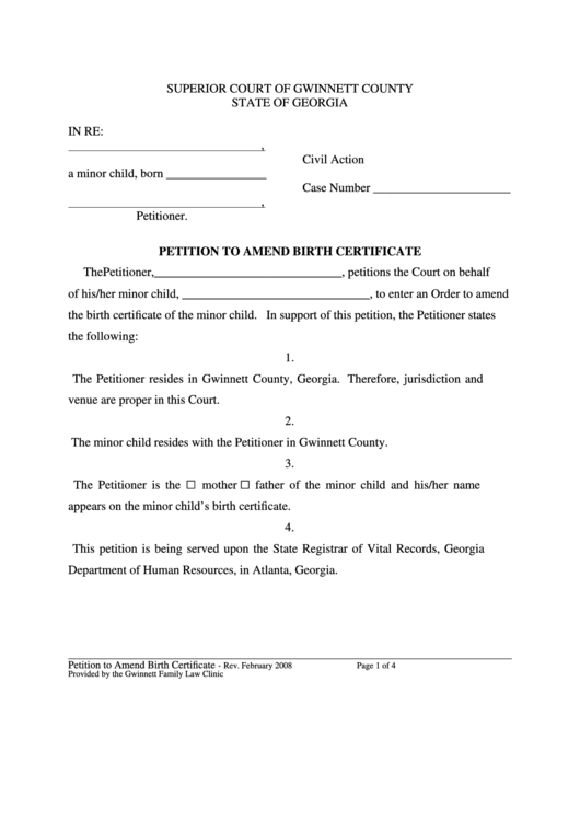 Fillable State Of Georgia Petition To Amend Birth Certificate Printable pdf