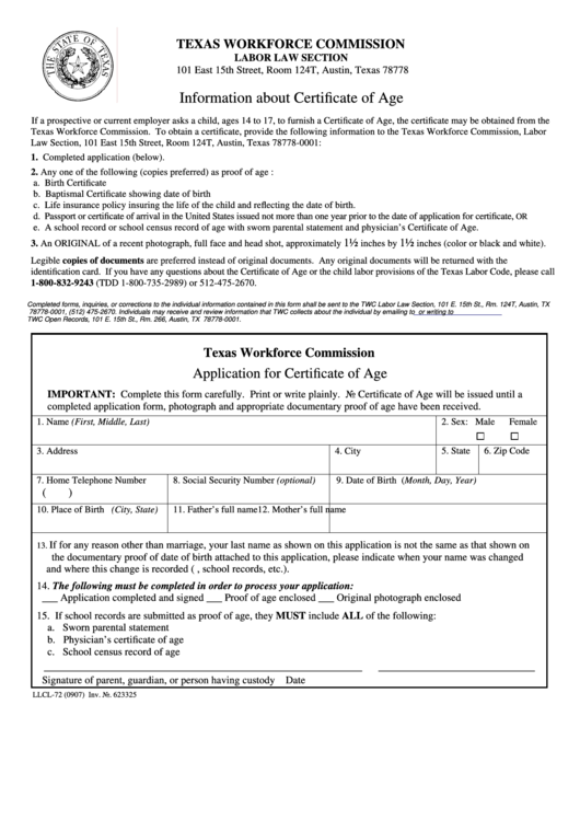 Fillable Texas Workforce Commission Information About Certificate Of Age Printable pdf