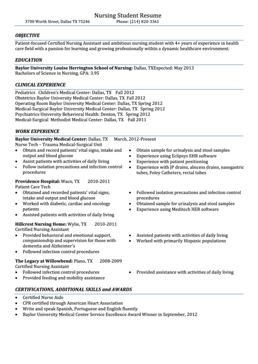 Nursing Student Resume Template(Sample) Printable pdf