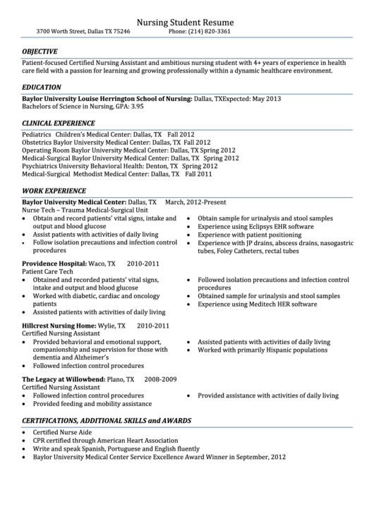 nurse student resume template baylor