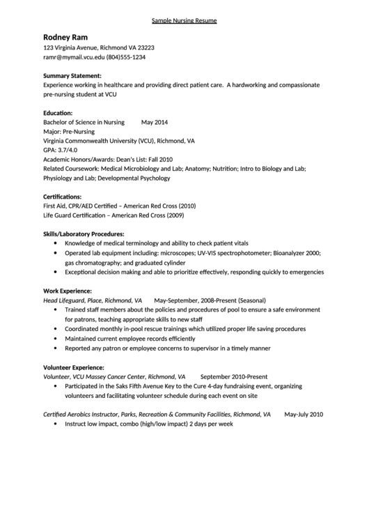 Sample Nursing Resume Printable pdf
