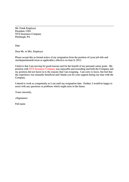 Employment Resignation Letter Template Printable pdf