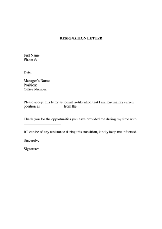 Resignation Letter Template Printable pdf