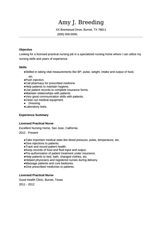Practical Nurse Resume Template Printable pdf