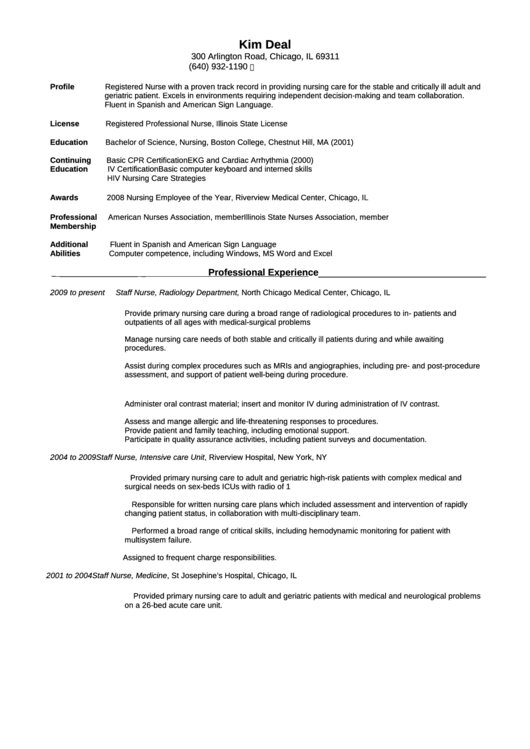 Registered Nurse Resume Template Printable pdf