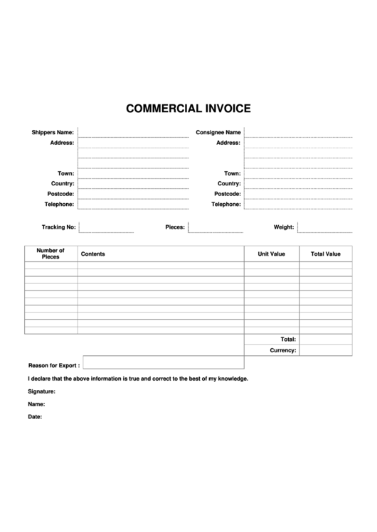 Commercial Invoice Template - Short Form Printable pdf