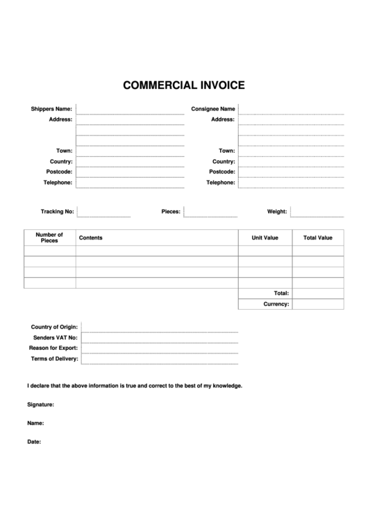 Commercial Invoice Template - Long Form Printable pdf