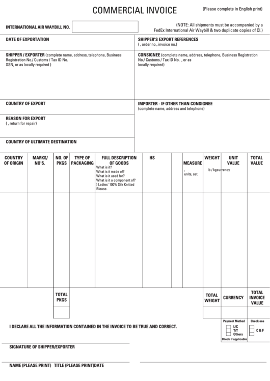 Fillable Commercial Invoice Template Printable pdf