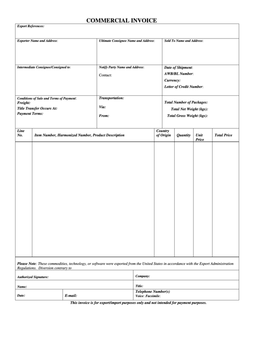 Commercial Invoice Template Printable pdf
