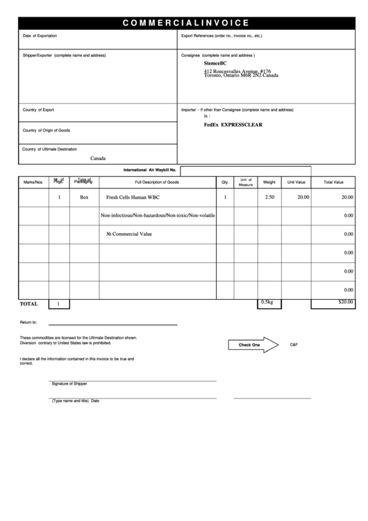 Commercial Invoice Template Printable pdf