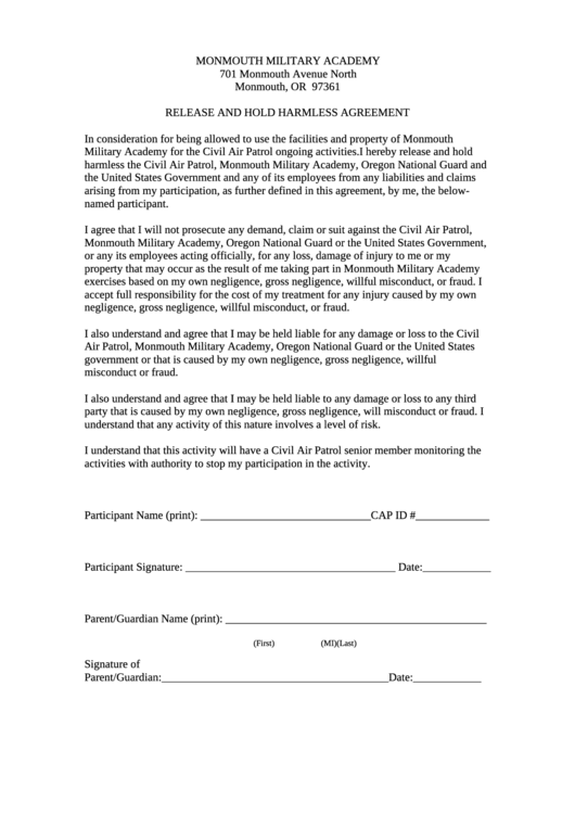 Release And Hold Harmless Agreement Printable pdf