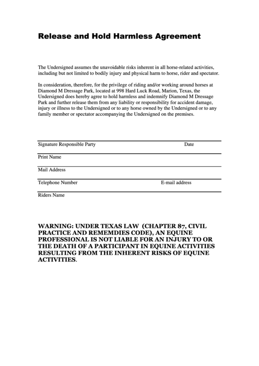 Release And Hold Harmless Agreement Template Printable pdf