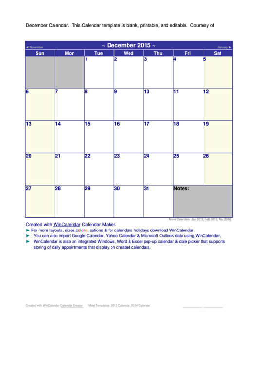 December 2015 Calendar Template