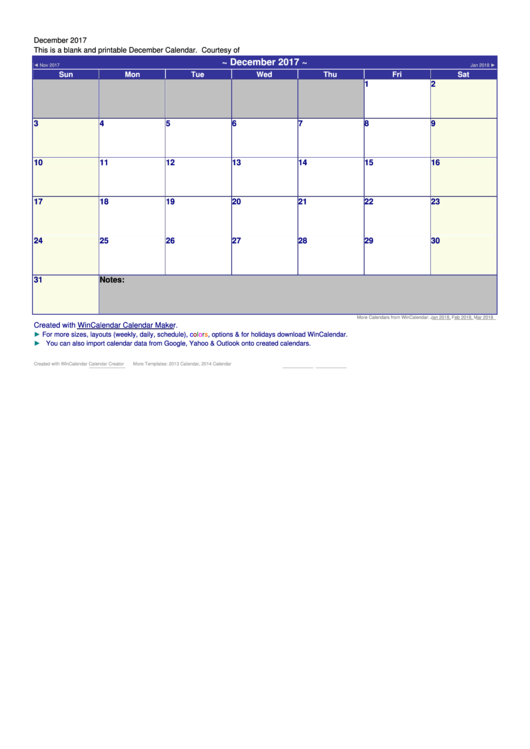 December Calendar Template 2017 Printable pdf