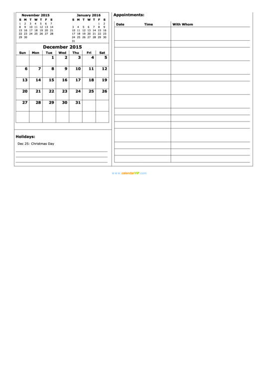 December 2015 Calendar Template Printable pdf