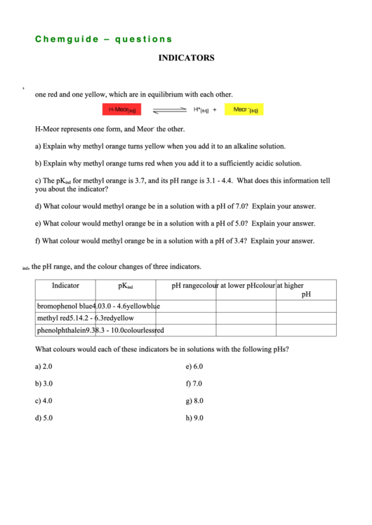 Chemical Indicators Worksheet Printable pdf
