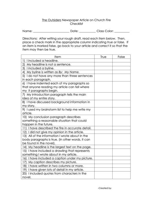 Newspaper Article On Church Fire Checklist Printable pdf