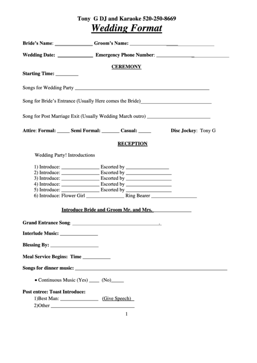 Wedding Format Dj Contract Printable pdf