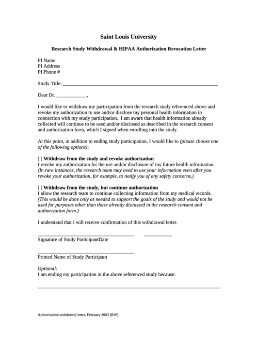 Hipaa Authorization Revocation Letter Printable pdf