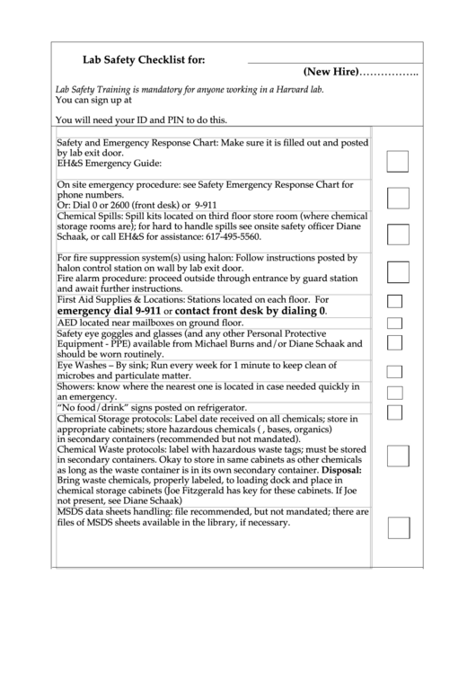 Lab Safety Checklist Printable pdf