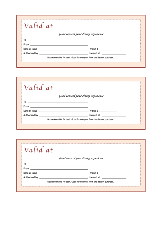 Fillable Gift Certificate Form Restaurant Printable pdf