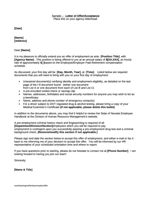 Sample Letter Of Offer / Acceptance Printable pdf
